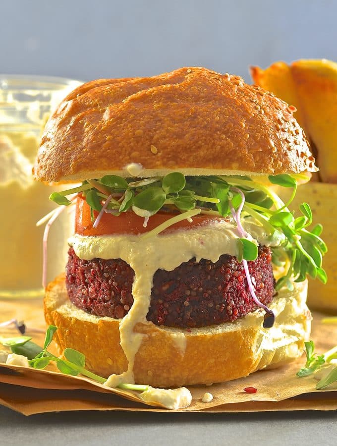 Bring on the burgers! These Beet Lentil & Quinoa Burgers are big, hearty & flavourful. A splodge of creamy horseradish sauce complements the earthy beets perfectly & provides a veggie burger taste sensation!