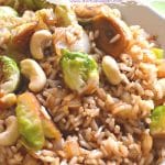 A simple, super speedy & delicious brussels sprout fried rice with buttery cashew nuts in a delicious tamari, maple sauce.