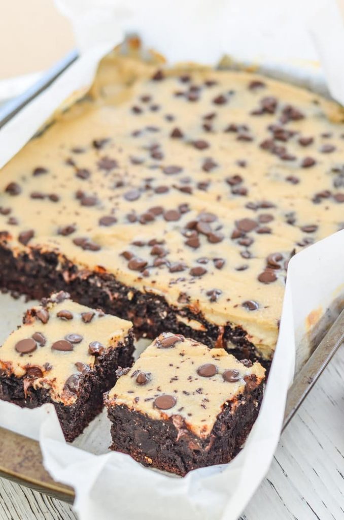 A tray of Fudgy Chocolate Brownies with Cheesecake Topping. 