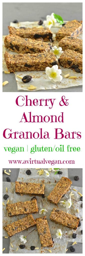 Plump, chewy dried cherries, crunchy almonds & wholesome oats & seeds make these Cherry Almond Granola Bars the perfect healthy snack or on the go breakfast. They are completely oil free, very lightly sweetened & come with bake or no bake options!