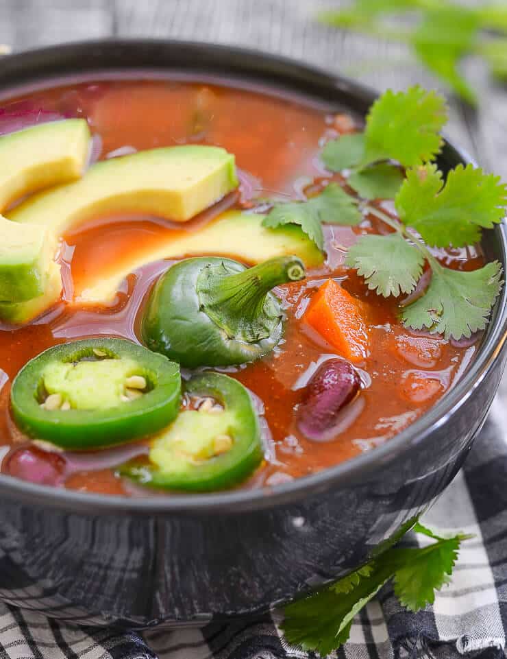 Super tasty Chili Soup that can be made quickly on the stove-top or more slowly in a slow cooker. Simple, comforting & delicious with only 8 ingredients!