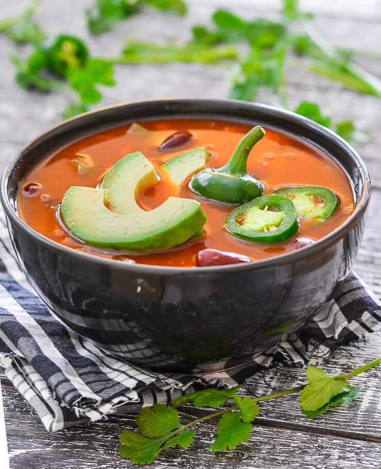 Super tasty Chili Soup that can be made quickly on the stove-top or more slowly in a slow cooker. Simple, comforting & delicious with only 8 ingredients!