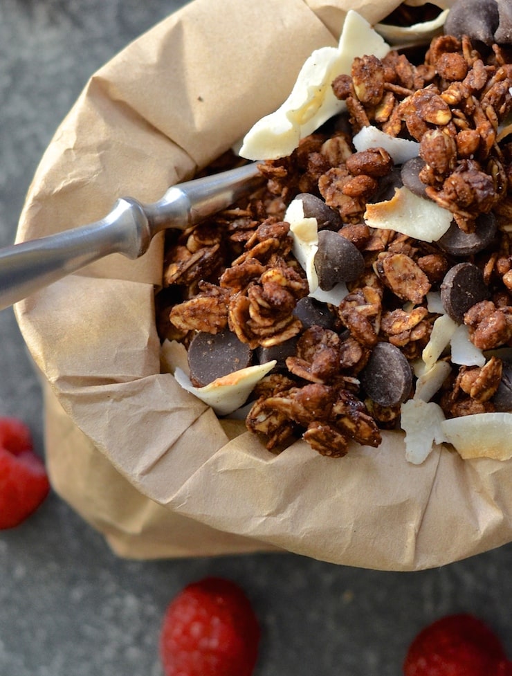 A bag of double chocolate coconut vegan granola recipe