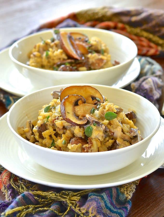 Ultra creamy, ultra dreamy, garlicky mushroom risotto. So unbelievably rich & delicious that it's hard to believe there is no butter or parmesan in it like traditional risotto.