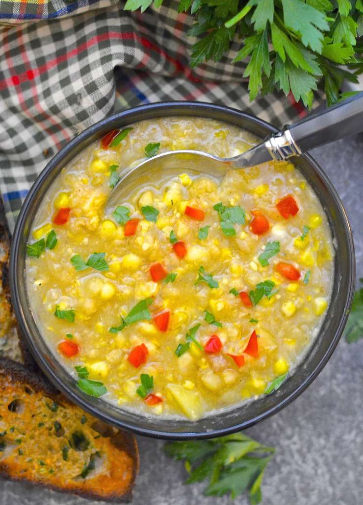 A luscious, comforting and creamy Vegan Corn Chowder that is ready from start to finish in under 30 minutes & has only 5 ingredients!