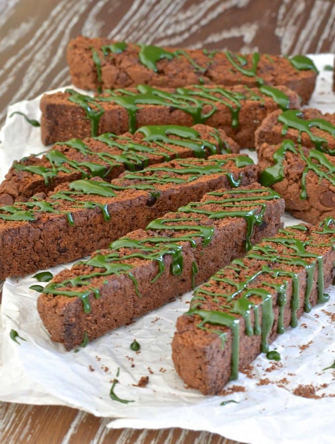 Perfectly crisp, Double Chocolate Biscotti with Matcha Drizzle. The floral, almost grassy tones of the matcha work so well with the chocolate & I promise that they will not collapse when submerged into your favourite drink!