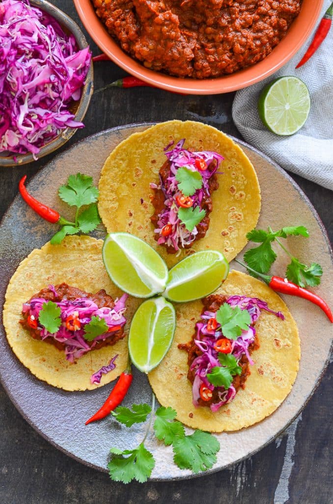 Vegan Mother's Day recipes - Vegan Enchilada Lentil Tacos topped with zesty lime slaw. Absolutely packed with flavour!