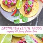 Rich & tasty Enchilada Lentil Tacos topped with zesty lime slaw. A full on flavour sensation!