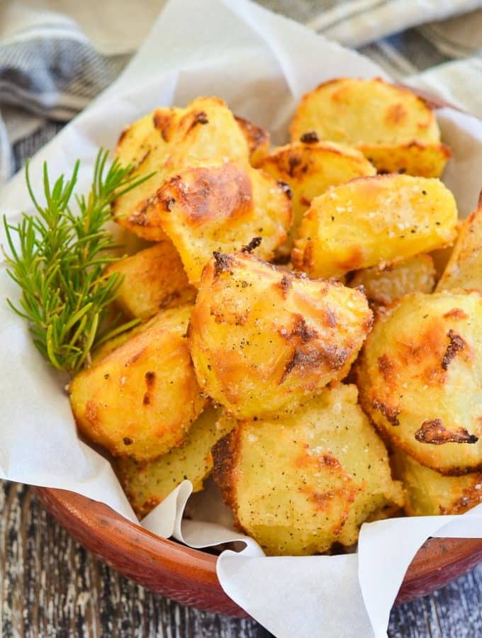 Crispy Roasted Potatoes in terracotta bowl