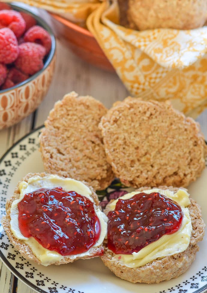 Healthy Vegan Biscuits with Almonds split, with butter and jam