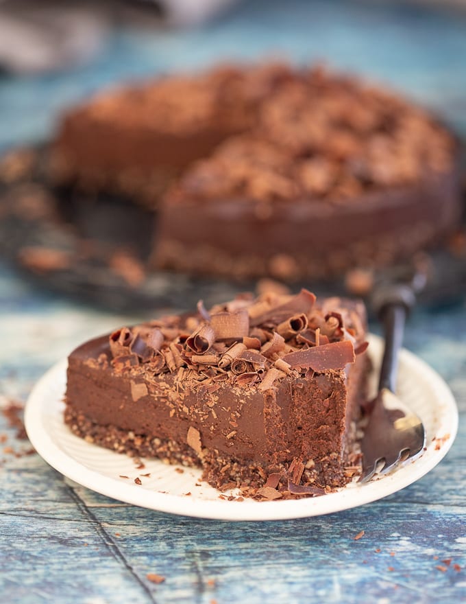 No-Bake Espresso Chocolate Fudge Cake with bite taken