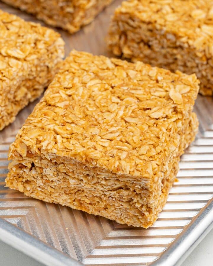 one piece of no bake oatmeal peanut butter bar