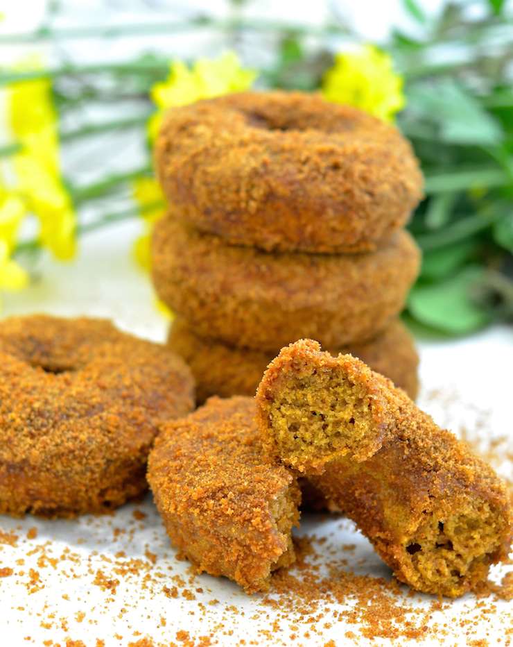 Moist, soft & fluffy, oil-free Pumpkin Orange Donuts. Baked to perfection then rolled in sugar. So easy to make & no mixer required! All you need is a spoon & a bowl. No donut pan? Don't worry, I've got you covered, but just so's you know....everything tastes better in donut shape! ;O) www.avirtualvegan.com