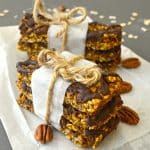 Deliciously soft & chewy, pumpkin granola bars with pecans & chocolate. Vegan, gluten free & perfect for Fall!