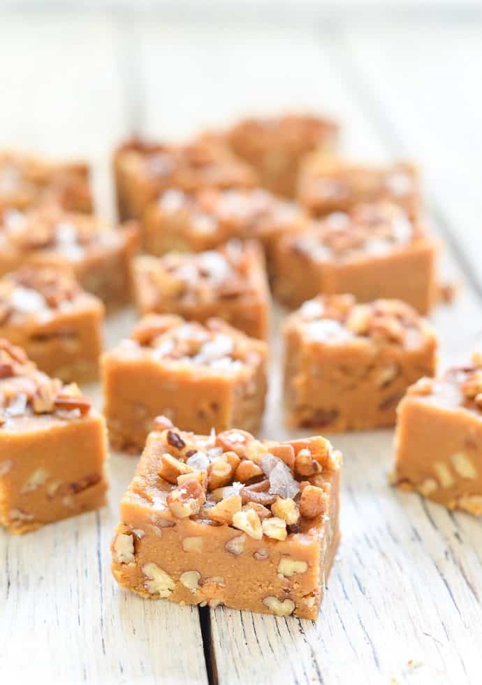 vegan fudge with maple and sea salt on a white wooden board