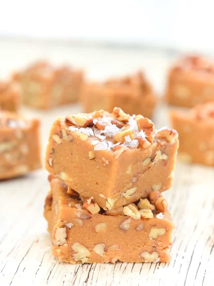 a stack of Salted Maple Pecan Vegan Fudge