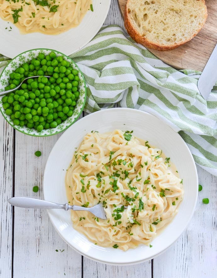 Skinny Fettuccine Cauliflower Alfredo on a plate from above