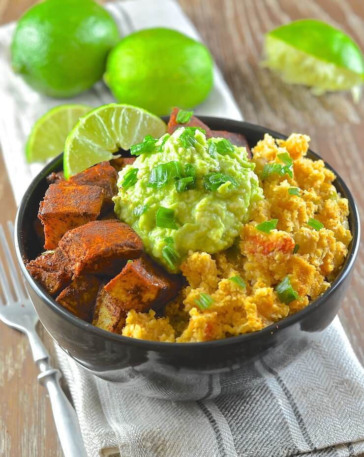 Vegan Mother's Day recipes - Find your bliss with The Classic Power Bowl from Blissful Basil. A delightful combination of spicy cauliflower rice, warming & crisp sweet potatoes & creamy, garlicky avocado mash