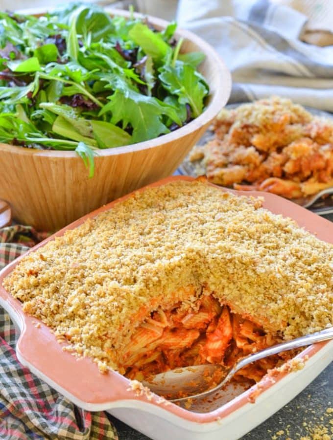 This Tomato Pasta Bake with Garlicky Crumb topping is a budget friendly, hearty & delicious meal that the whole family will love!