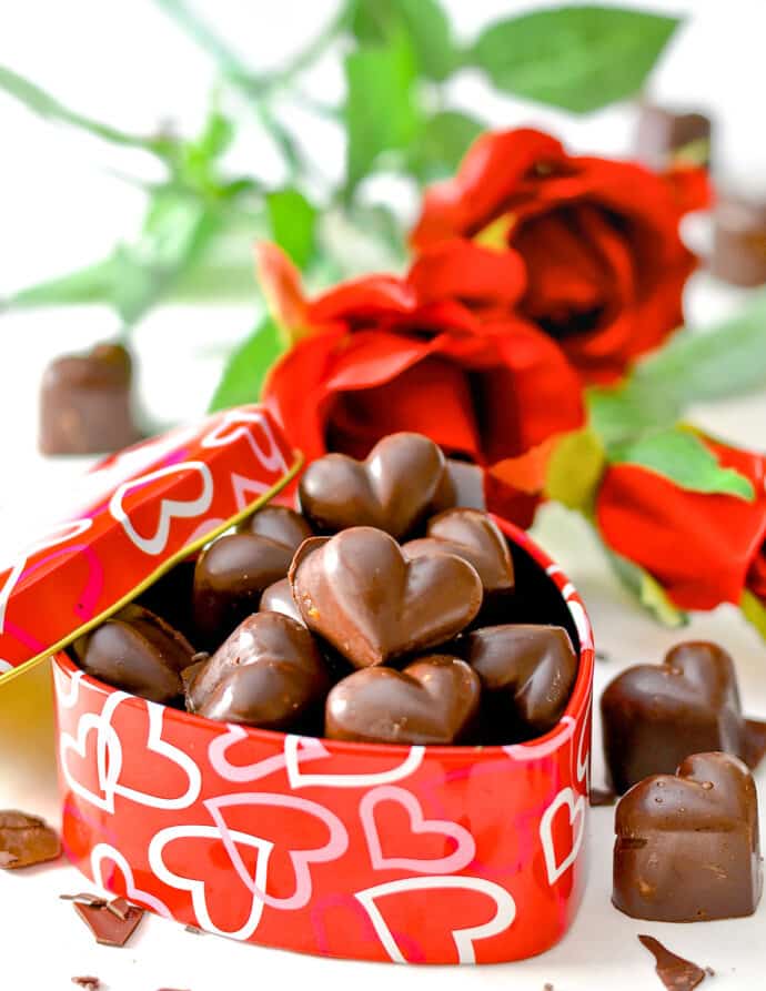 vegan chocolate caramels in a heart shaped tin