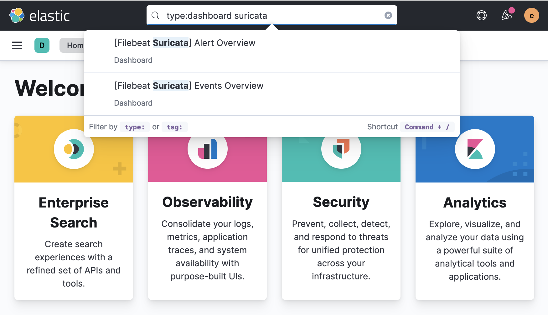 Screenshot of a Browser Using Kibana's Global Search Box to Locate Suricata Dashboards